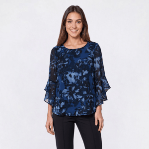 Womens Kasper Ruffle Sleeve Back Keyhole Floral Blouse